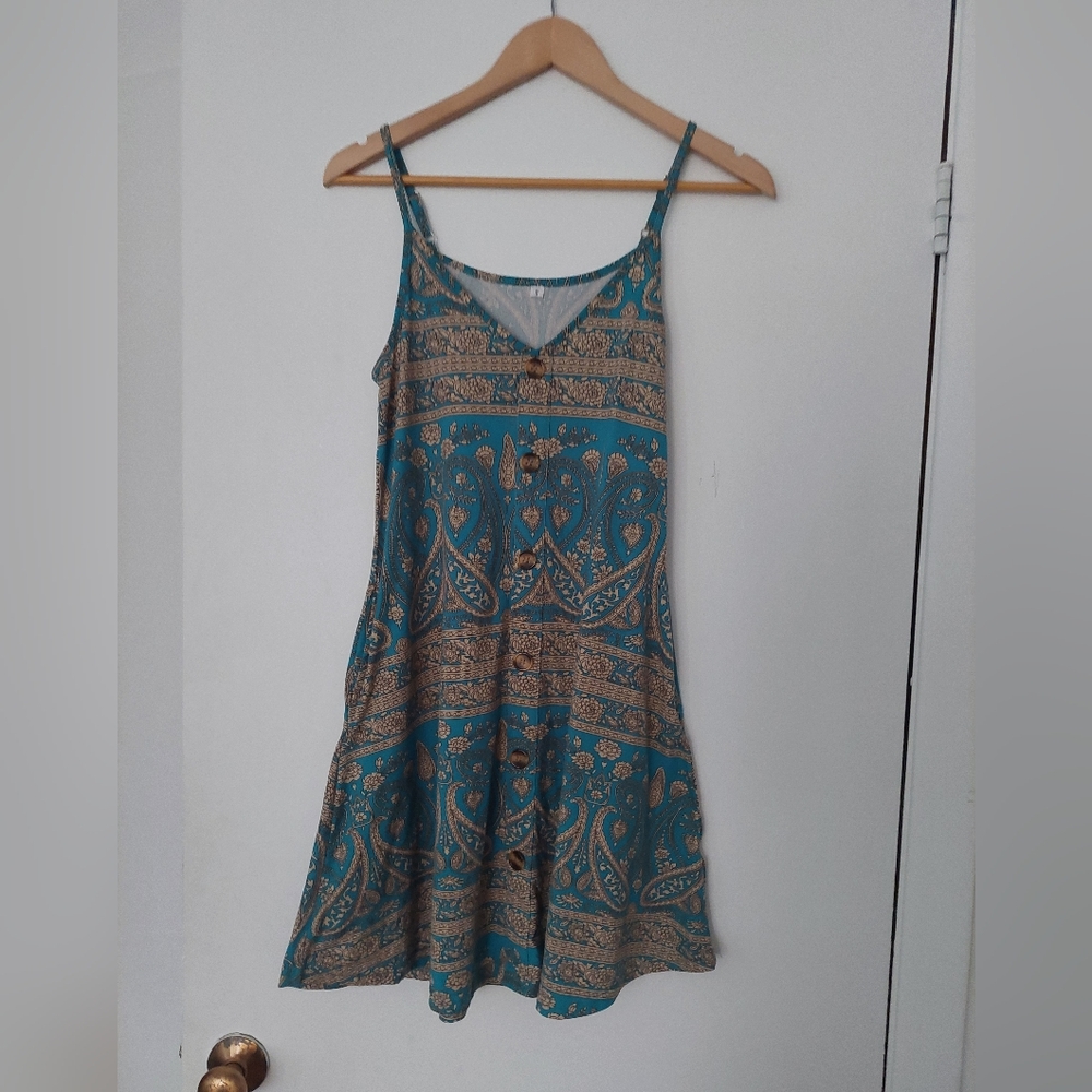 Teal Paisley Button-Down Dress